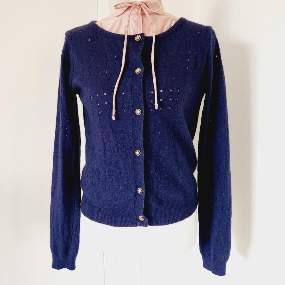 Vintage Knit Wool Cardigan with Eyelets and Gold Engraved Buttons Nautical Navy